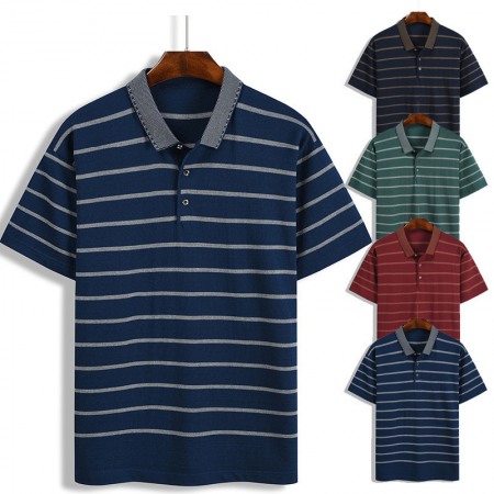 New Summer Men's Hooded Striped Lapel T-Shirt Lapel Short Sleeve